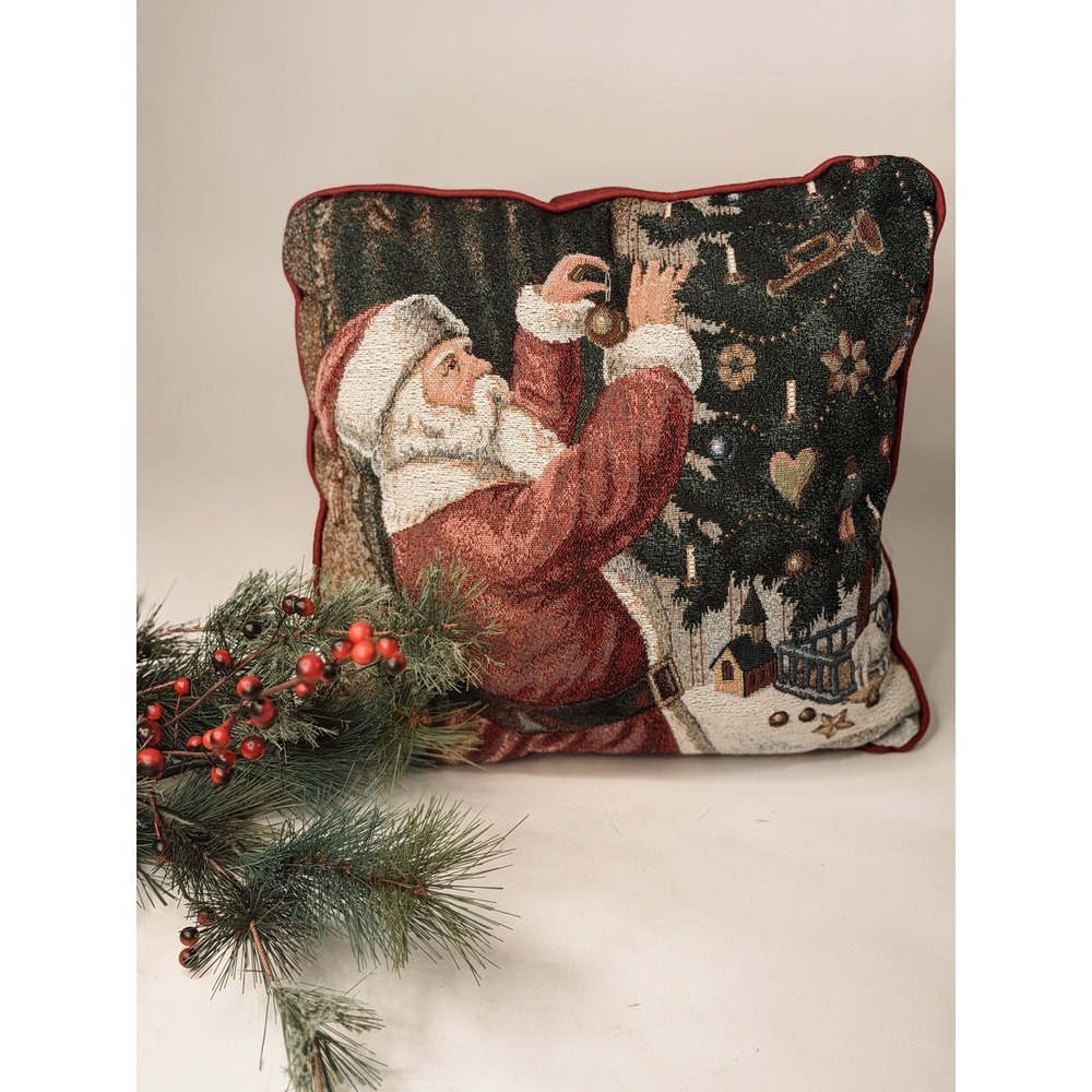 Vintage Santa Needlepoint Throw Pillow Christmas Decor Cottagecore